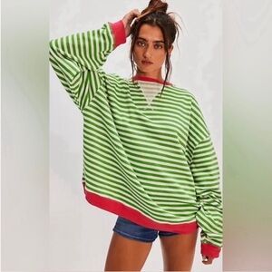 We The Free Green and Pink Camden Striped Sweatshirt New Without Tags